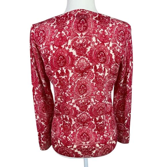 Talbots Merino Wool Button Front Cardigan Sweater Medallion Floral Red Sz MP - Picture 7 of 11